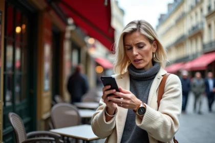 Femme française vérifiant l'heure à Paris en terrasse