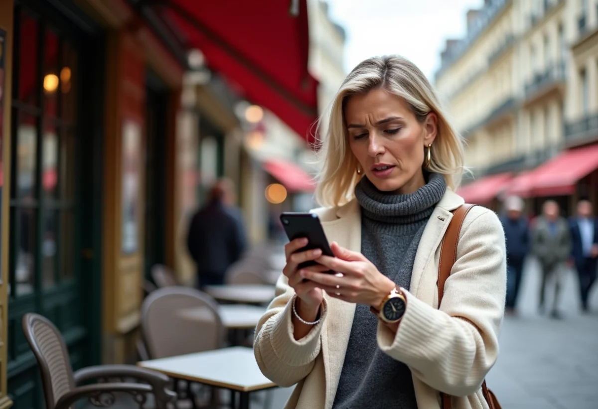 Femme française vérifiant l'heure à Paris en terrasse