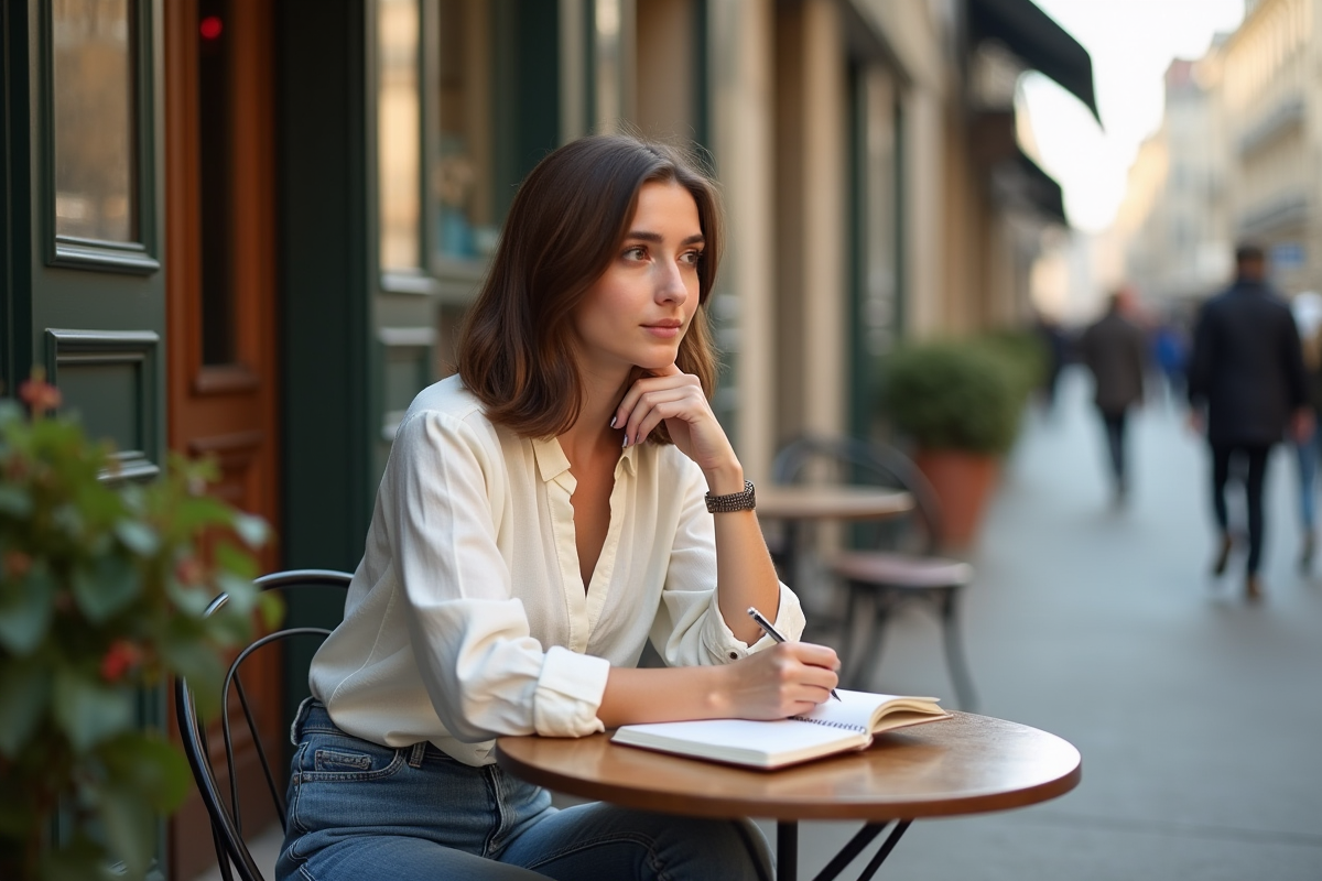 Jeune femme parisienne écrivant dans un café en plein air