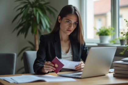 Femme en bureau avec passeport et billet voyage