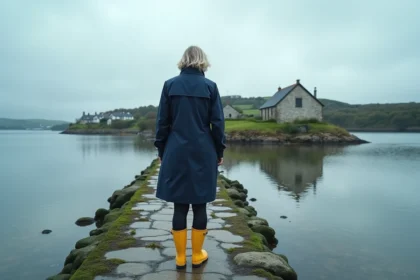 Femme en imperméable regardant l'islet de Saint Cado