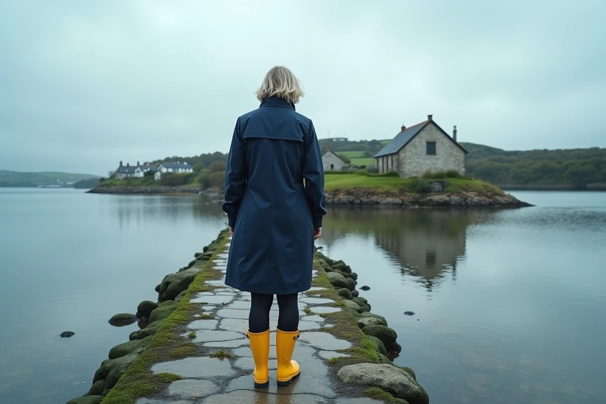 Femme en imperméable regardant l'islet de Saint Cado