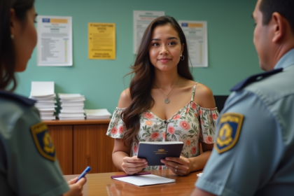 Jeune femme polynesienne présente ses papiers à un agent