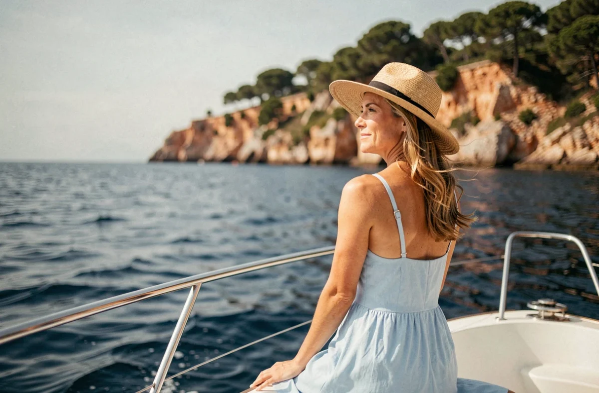 Femme sereine assise à la proue d'un bateau de croisière contemplant la Côte d'Azur depuis Nice