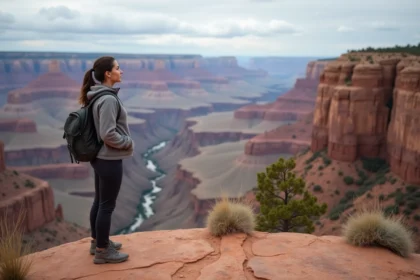 Jeune femme au canyon de Grand Canyon en randonnée
