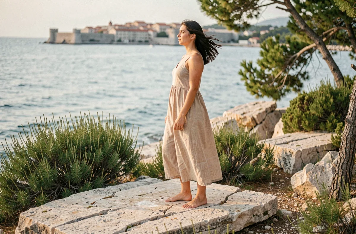 Femme regardant la mer Adriatique depuis un rocher plat sur l'île de Lokrum, avec les remparts de Dubrovnik visibles à l'horizon