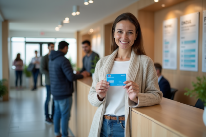Femme espagnole souriante avec sa carte santé européenne
