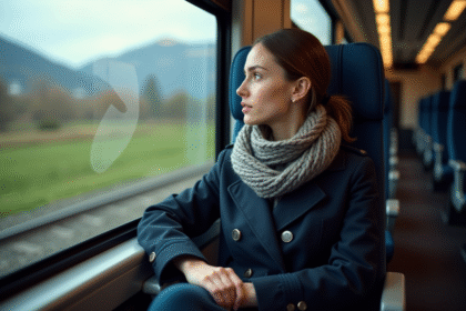 Jeune femme en trench et écharpe regarde par la fenêtre du train