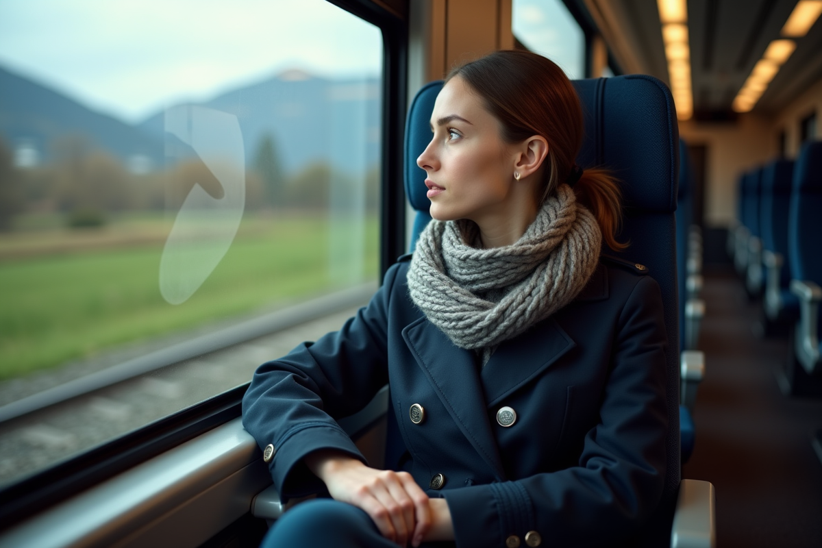 Jeune femme en trench et écharpe regarde par la fenêtre du train