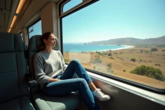 Femme regardant par la fenêtre d'un train en Californie