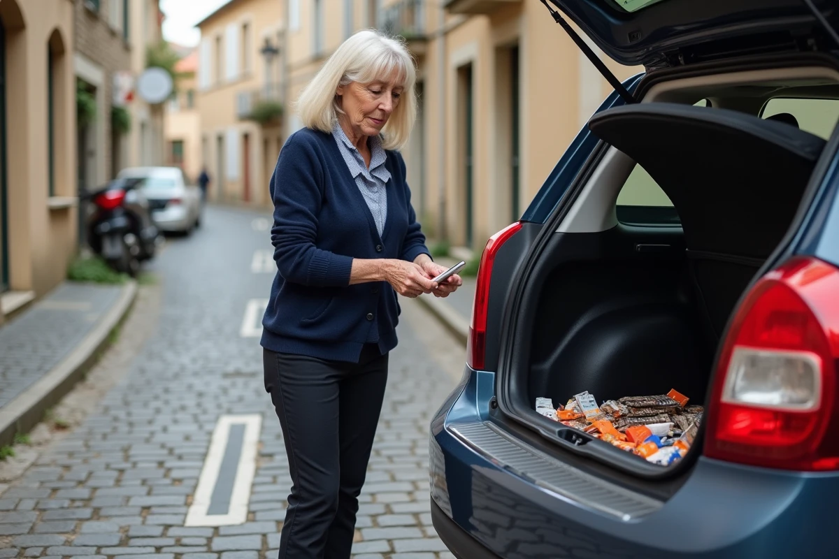 Femme déchargeant un carton de cigarettes de sa voiture