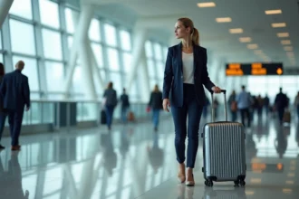 Femme tirant une valise cabine rigide dans un terminal d'aéroport moderne pour un vol Air France sans surtaxe
