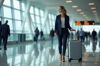 Femme tirant une valise cabine rigide dans un terminal d'aéroport moderne pour un vol Air France sans surtaxe