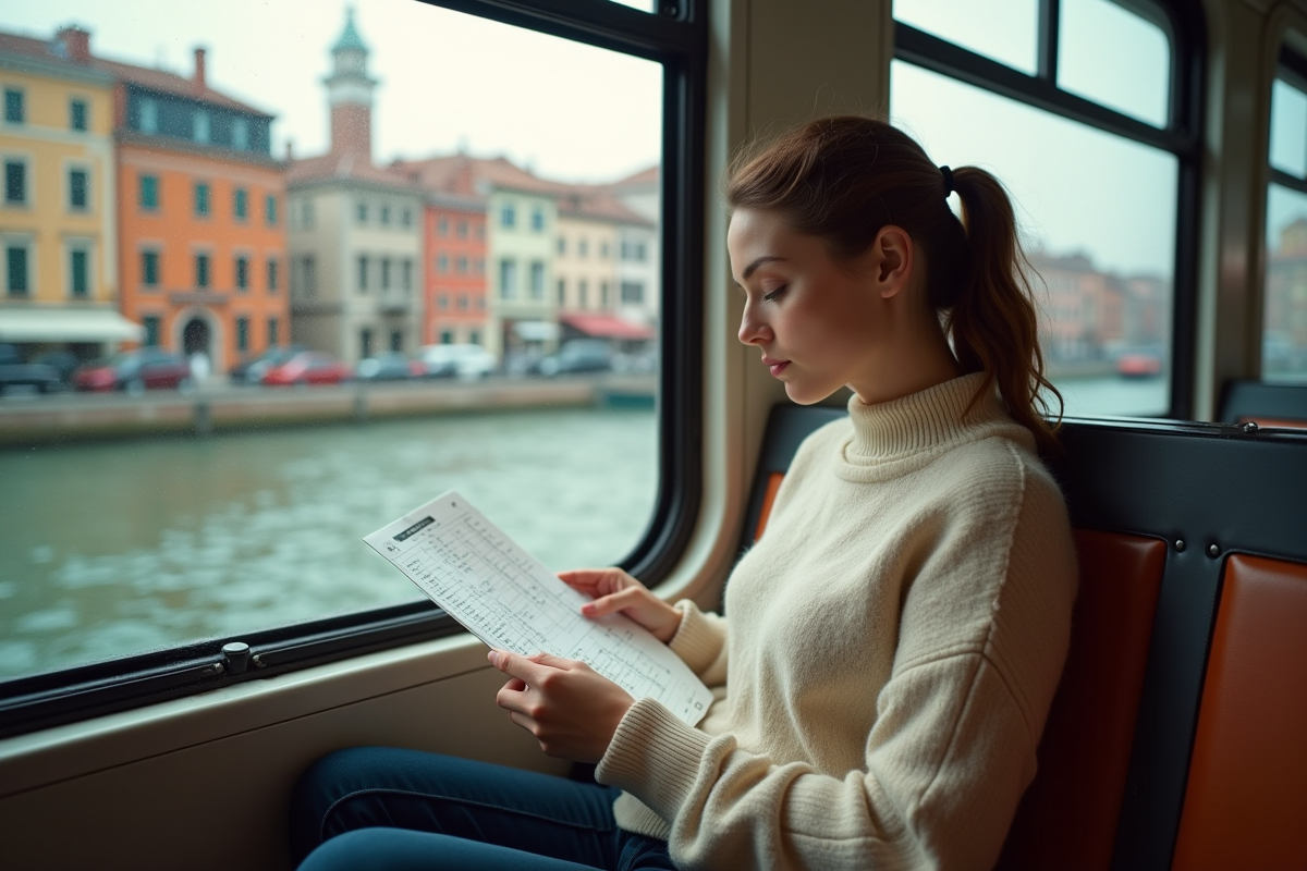 Jeune femme avec carte dans vaporetto à Venise