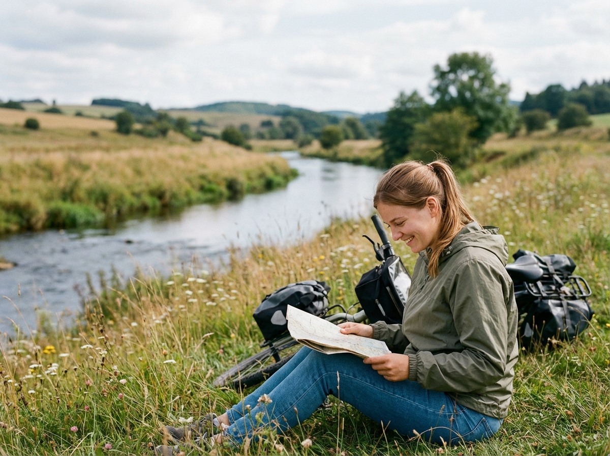 Jeune femme lisant une carte près de son vélo au bord de la rivière