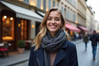 Jeune femme souriante dans les rues de Lyon en trench