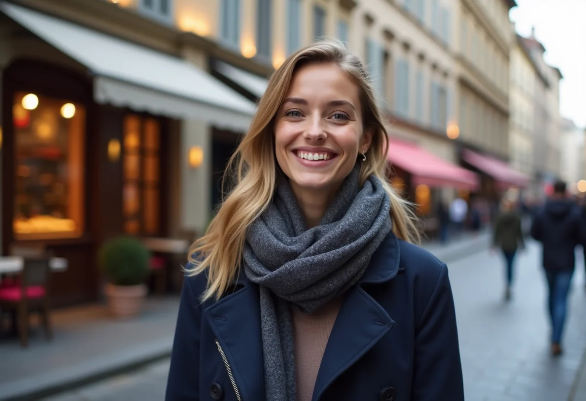 Jeune femme souriante dans les rues de Lyon en trench