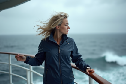 Femme en imperméable sur le pont d'un navire en mer agitée