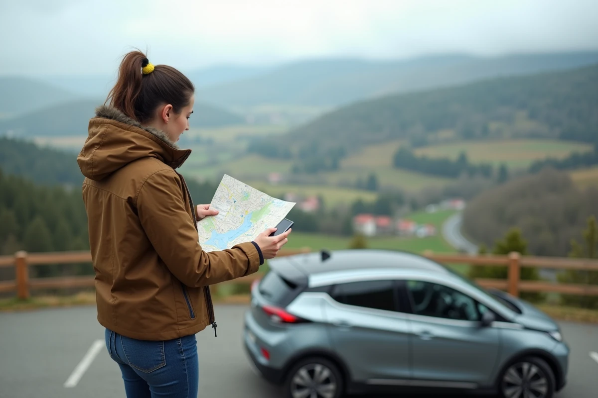 Jeune femme vérifiant un plan papier à côté de sa voiture électrique