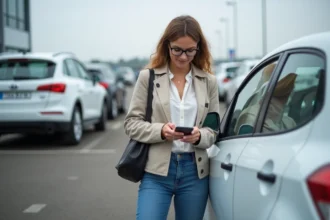 Femme en jean et veste près de sa voiture à Toulouse