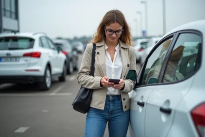 Femme en jean et veste près de sa voiture à Toulouse