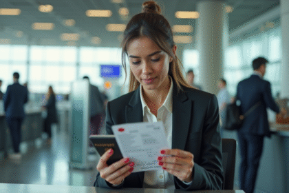 Jeune femme vérifiant son passeport à l'aéroport