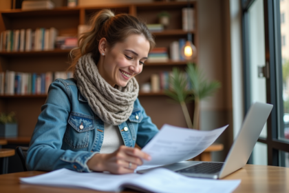 Jeune femme vérifiant ses documents d'assurance santé à un café