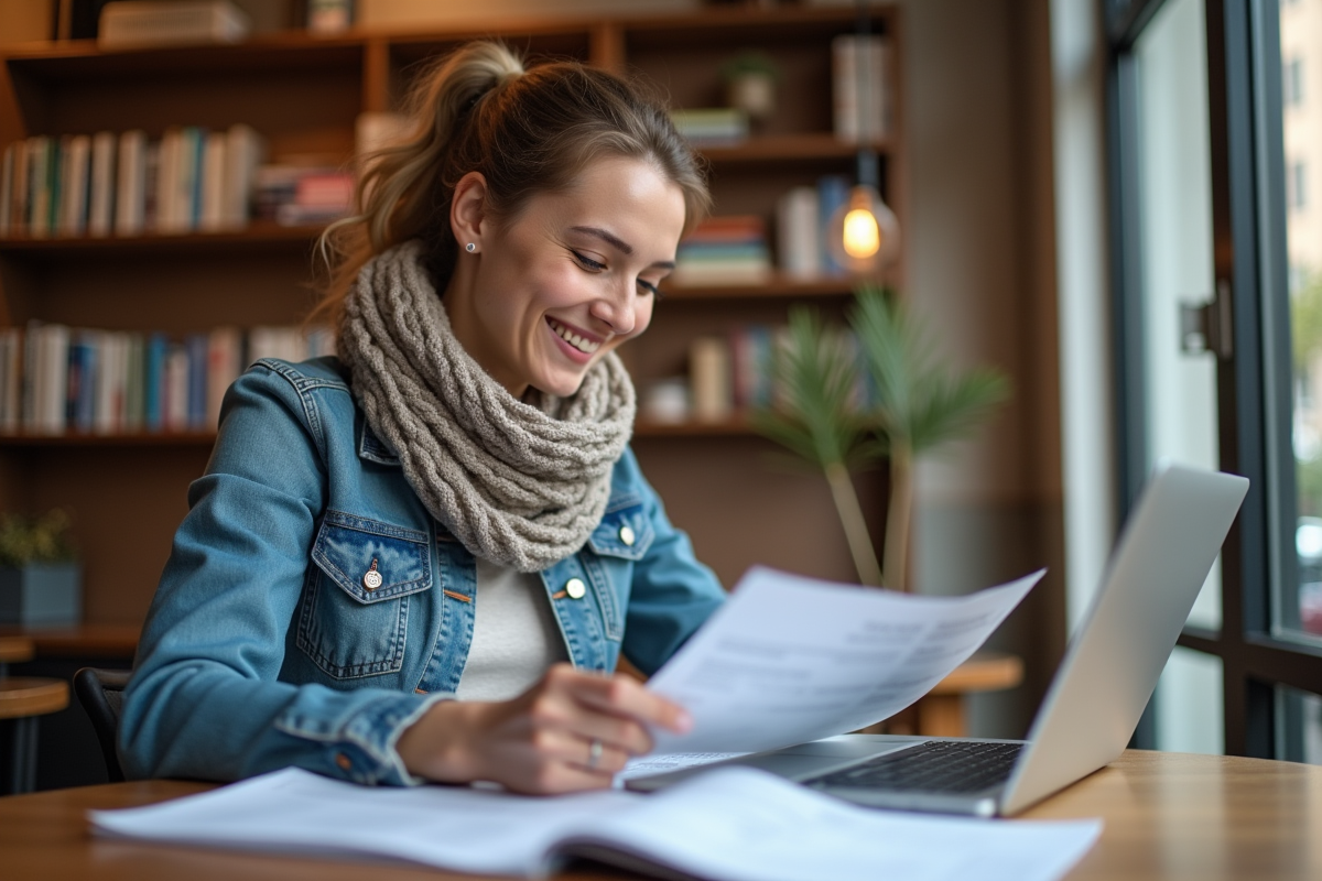 Jeune femme vérifiant ses documents d'assurance santé à un café