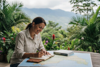 Femme souriante planifiant voyage en Costa Rica