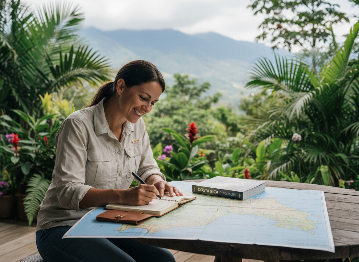 Femme souriante planifiant voyage en Costa Rica