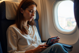 Jeune femme voyageant en avion avec médicaments paracetamol