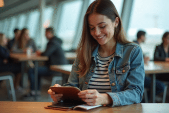 Jeune femme en voyage organisant ses documents à l'aéroport