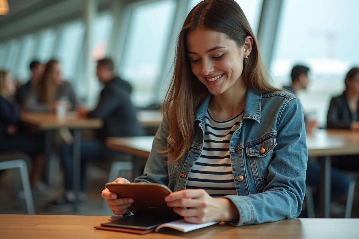 Jeune femme en voyage organisant ses documents à l'aéroport