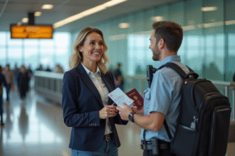 Femme voyageuse souriante avec passeport au contrôle douane