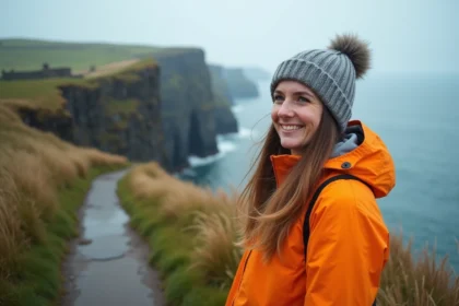 Femme souriante en veste imperméable sur la côte de l'île de Man