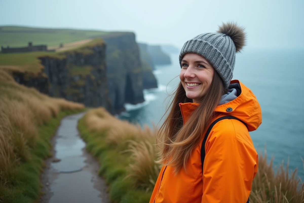 Femme souriante en veste imperméable sur la côte de l'île de Man