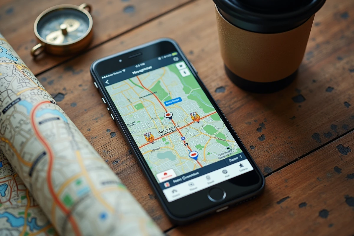 Flat-lay comparatif carte papier et application GPS hors connexion sur bureau en bois