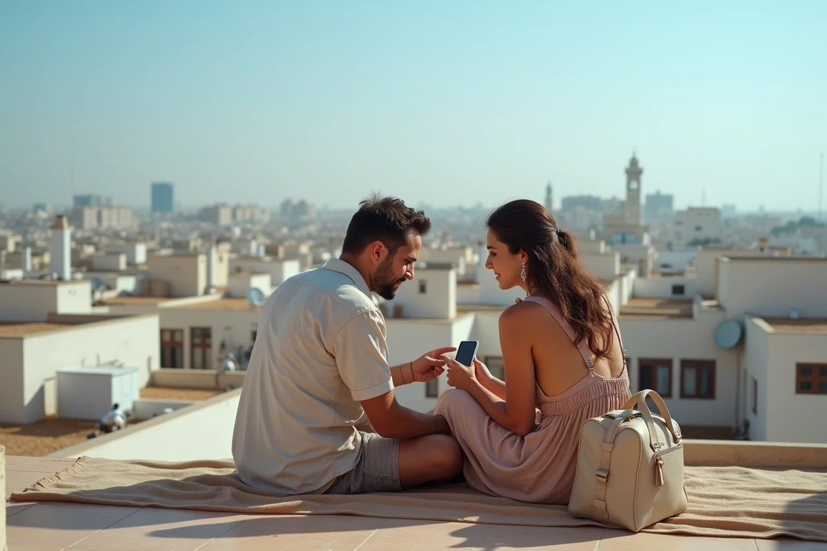 Couple de voyageurs consultant leur forfait tout compris sur un toit-terrasse à Casablanca au Maroc
