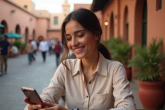Jeune femme utilisant un forfait mobile tout compris au Maroc depuis une terrasse de café à Marrakech