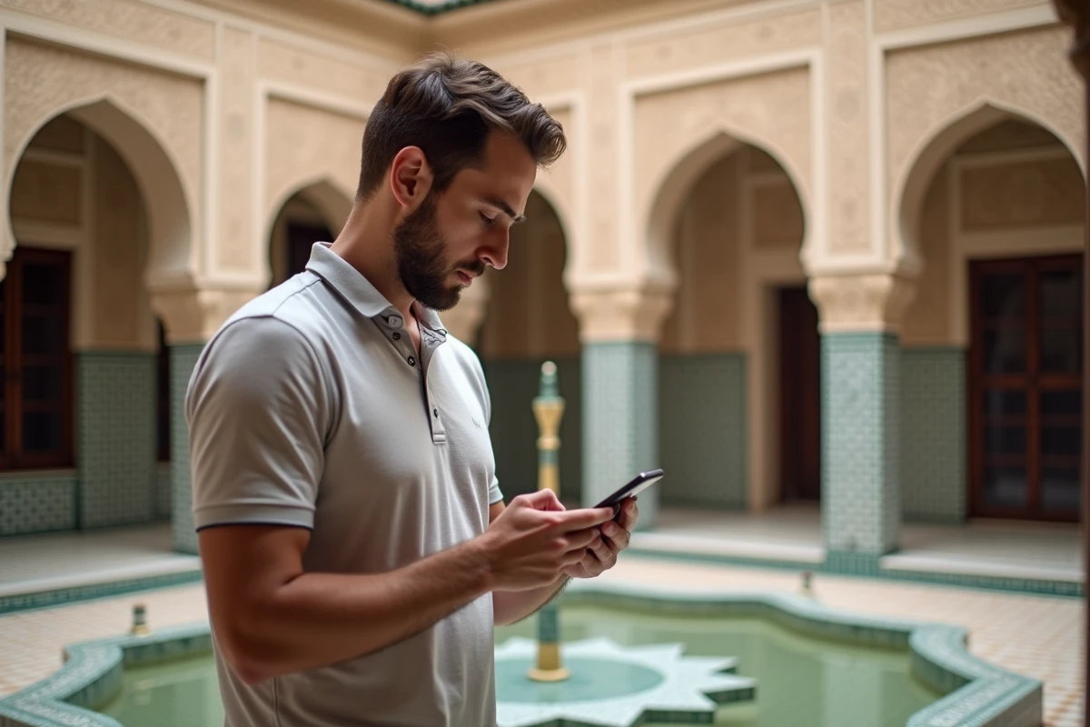 Homme envoyant un SMS avec son forfait tout compris dans un riad marocain traditionnel