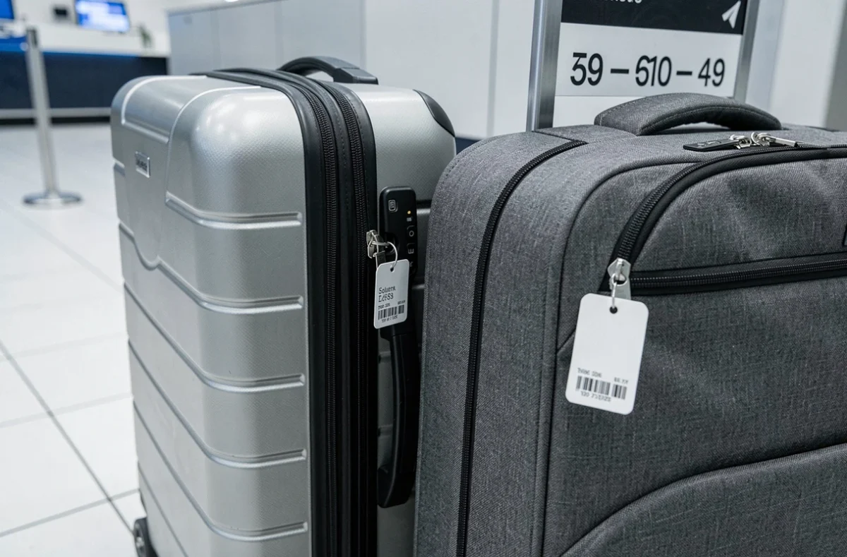 Deux valises cabine posées devant un gabarit de contrôle de taille en aéroport