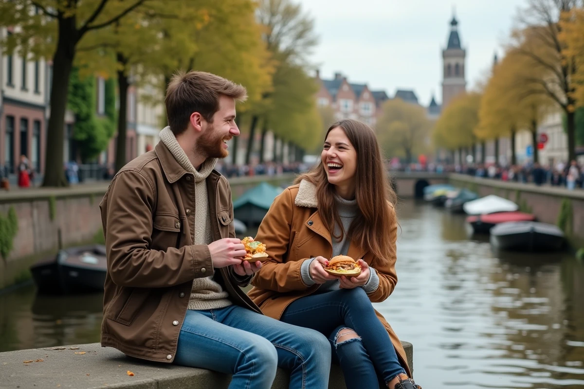 Deux amis dégustant de la street food locale au bord d'un canal méconnu de Gand sans touristes
