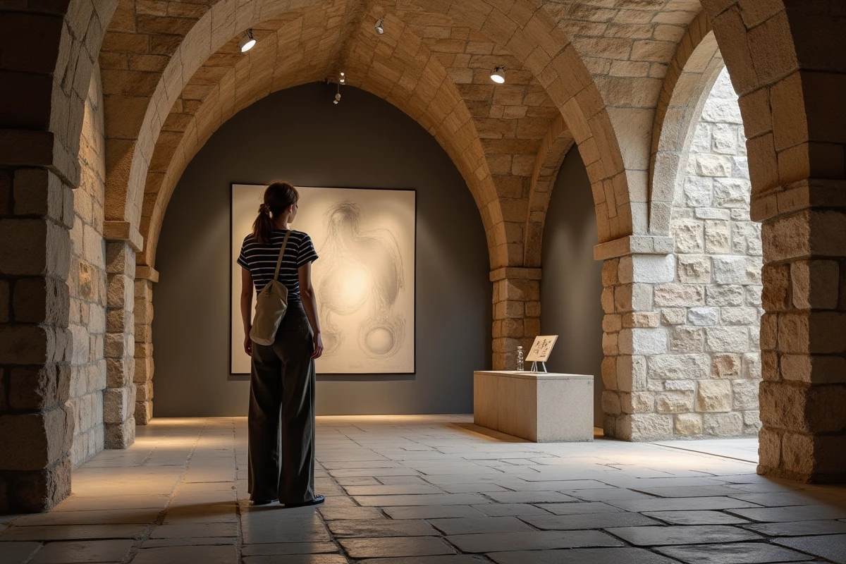Jeune femme contemplant une exposition d'art contemporain dans une cave médiévale voûtée et secrète de Gand