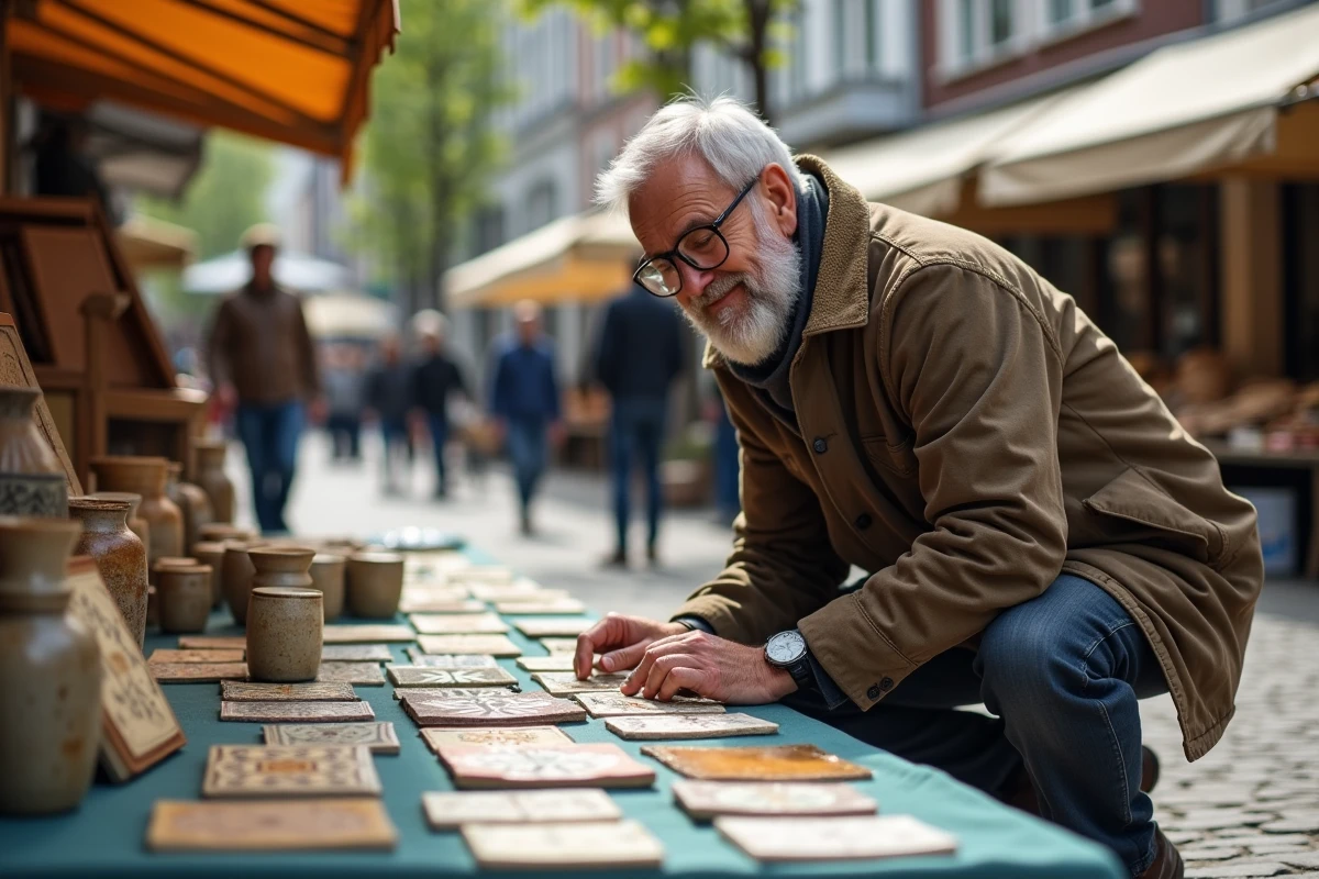 Homme examinant des céramiques vintage sur un marché aux puces de quartier authentique à Gand