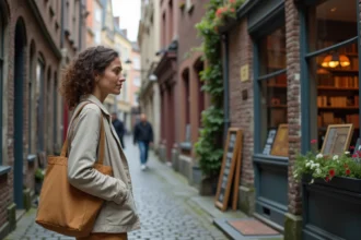Voyageuse explorant une librairie indépendante dans une ruelle pavée et méconnue de Gand loin des foules touristiques