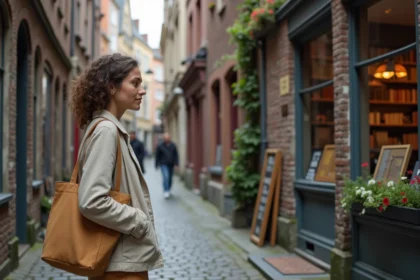 Voyageuse explorant une librairie indépendante dans une ruelle pavée et méconnue de Gand loin des foules touristiques