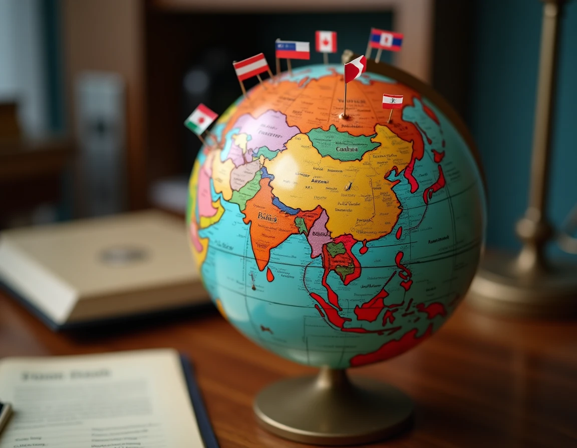 Gros plan d'un globe terrestre montrant les pays d'Asie avec des drapeaux miniatures indiquant les nations indépendantes et les régions non reconnues