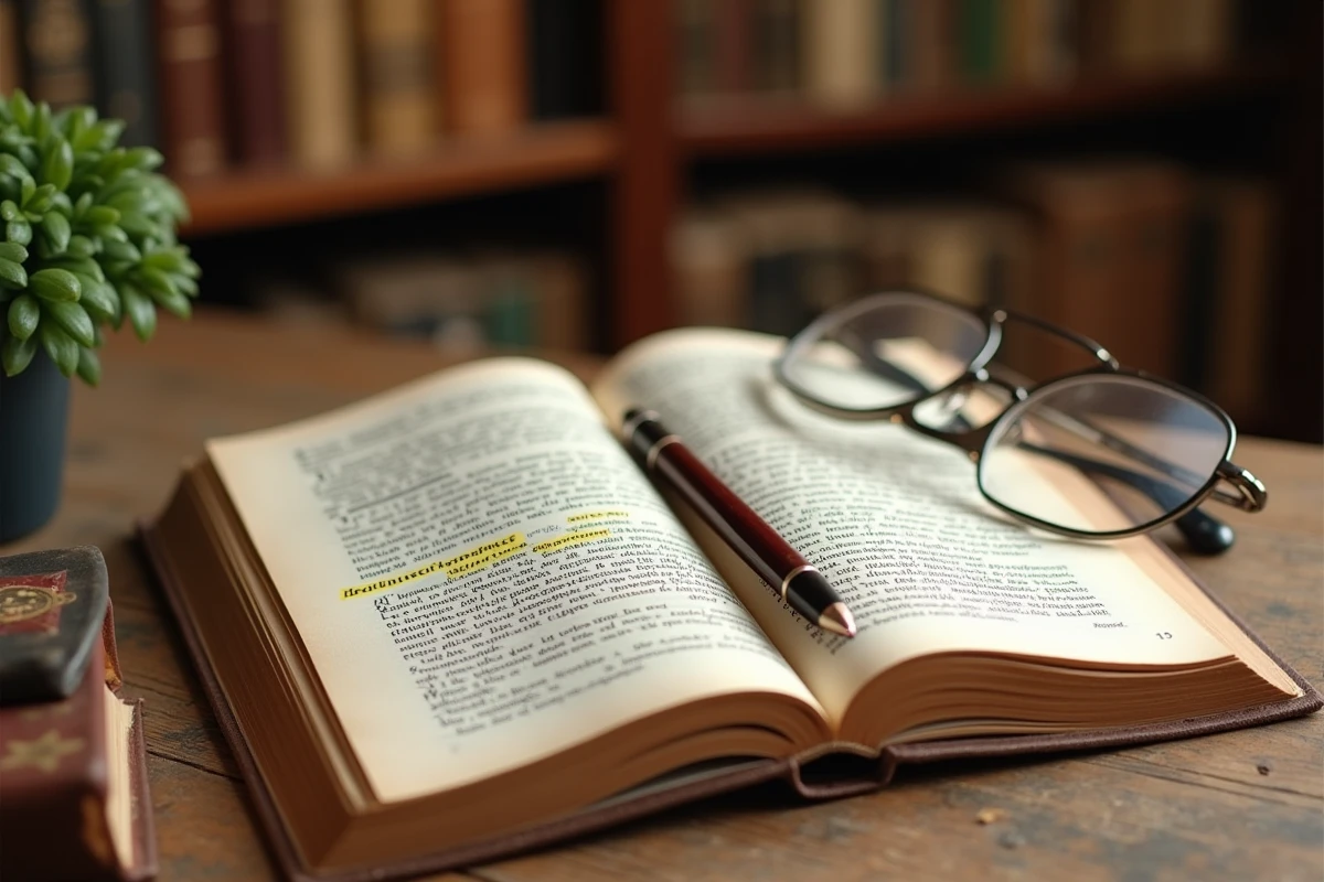 Livre de grammaire française ouvert sur un bureau en bois avec les expressions bonnes vacances et bonne vacance surlignées, stylo plume et lunettes posés à côté