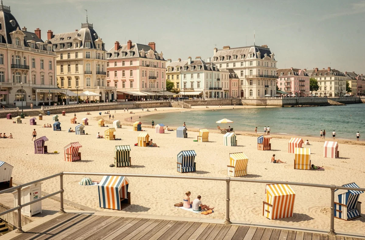 La Grande Plage de Dinard avec ses tentes rayées emblématiques, ses villas Belle Époque et ses eaux bleu-vert de la Côte d'Émeraude