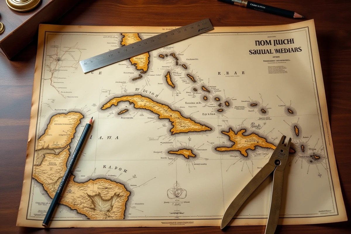 Gros plan d'une carte nautique des Caraïbes annotée avec des instruments de navigation traditionnels